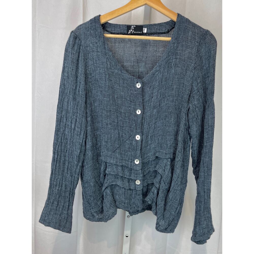 FENINI Button Up Linen Top Long Sleeve Scoop Neck Front Pleat Blue Size XS